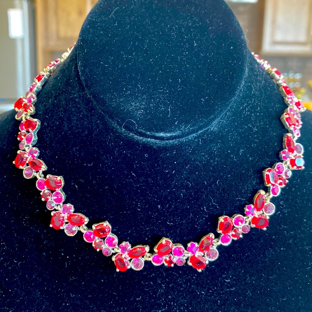 Raspberry & Cherry Crystal necklace.  Up to 18” extended.  More of a chocker.
